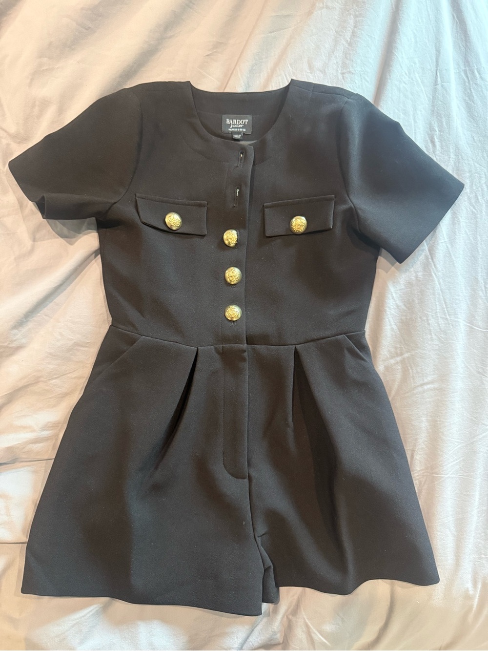 NWOT Bardot Black Short-Sleeve Romper with Gold Buttons
